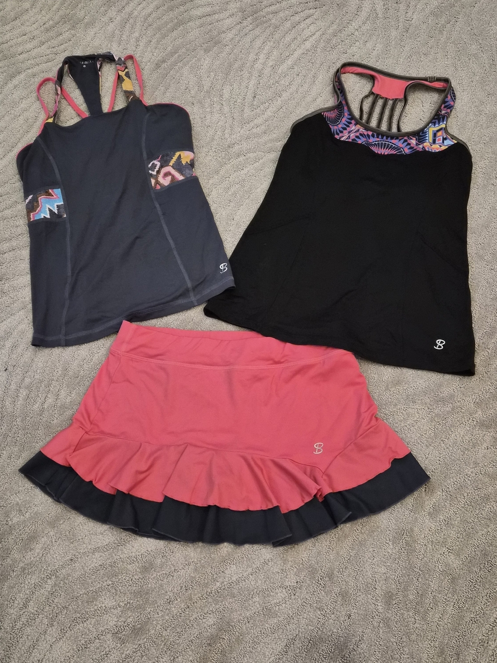 3 Piece- Sofibella Peach/Gray/Black -1 Tennis Skirt(L)  & 2 Tank Set- (M)